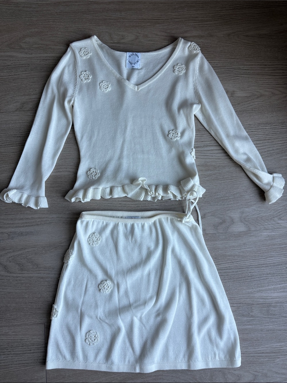 With Jean Cream Knit Floral-Appliqué Pajama Top & Skirt Set